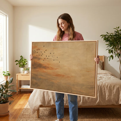 Small flock of dark birds flying across a warm ochre and rust coloured sky, wall art print