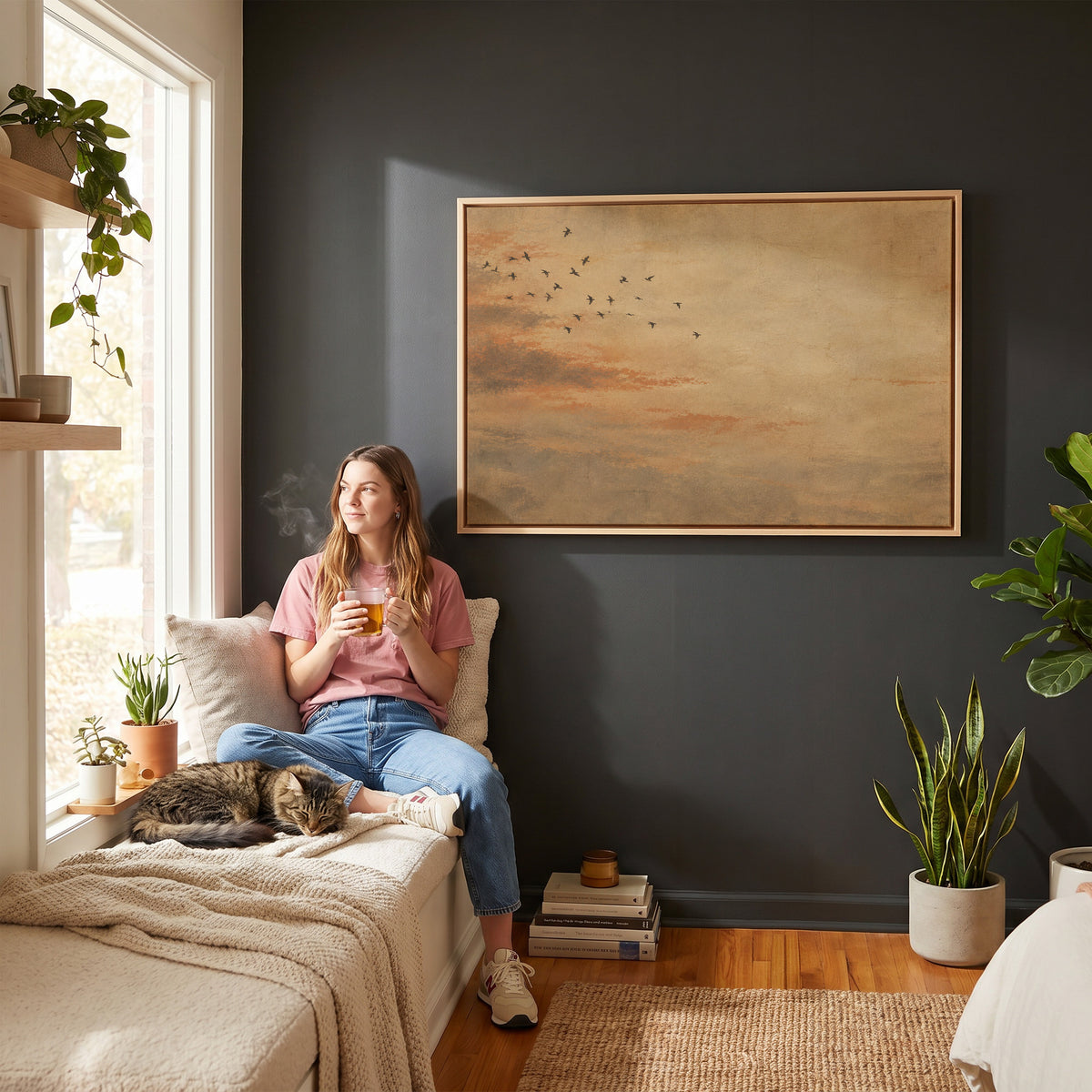 Flying birds canvas wall art showing small flock of dark birds flying across a warm ochre and rust coloured sky