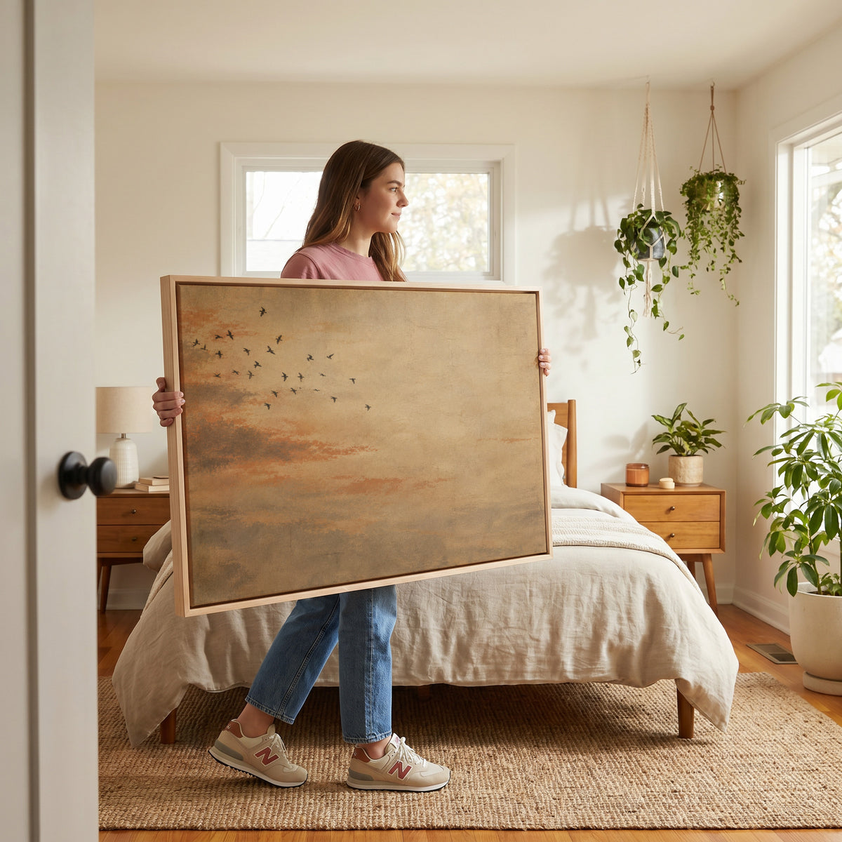 Neutral canvas wall art showing small flock of dark birds flying across a warm ochre and rust coloured sky