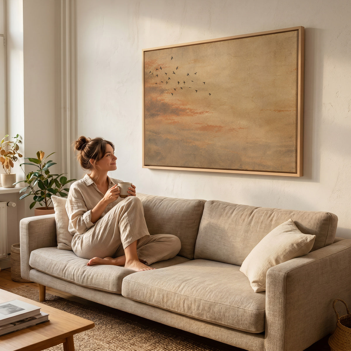 Wabi sabi canvas wall art showing small flock of dark birds flying across a warm ochre and rust coloured sky