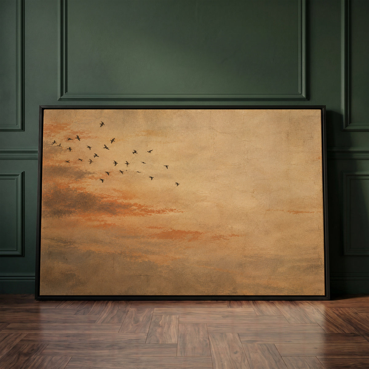Minimalist canvas wall art showing small flock of dark birds flying across a warm ochre and rust coloured sky