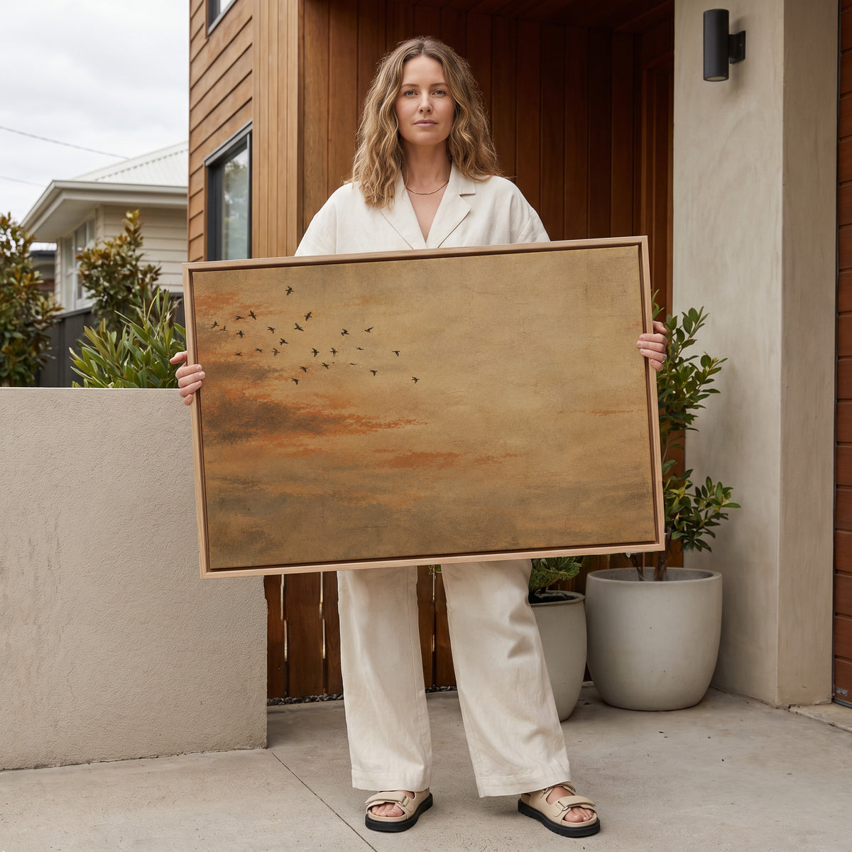 Small flock of dark birds flying across a warm ochre and rust coloured sky, flying birds horizontal canvas print