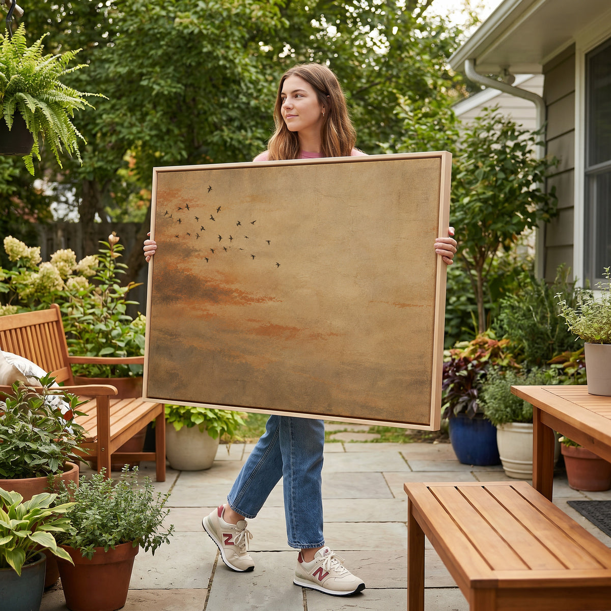 Bird canvas wall art showing small flock of dark birds flying across a warm ochre and rust coloured sky