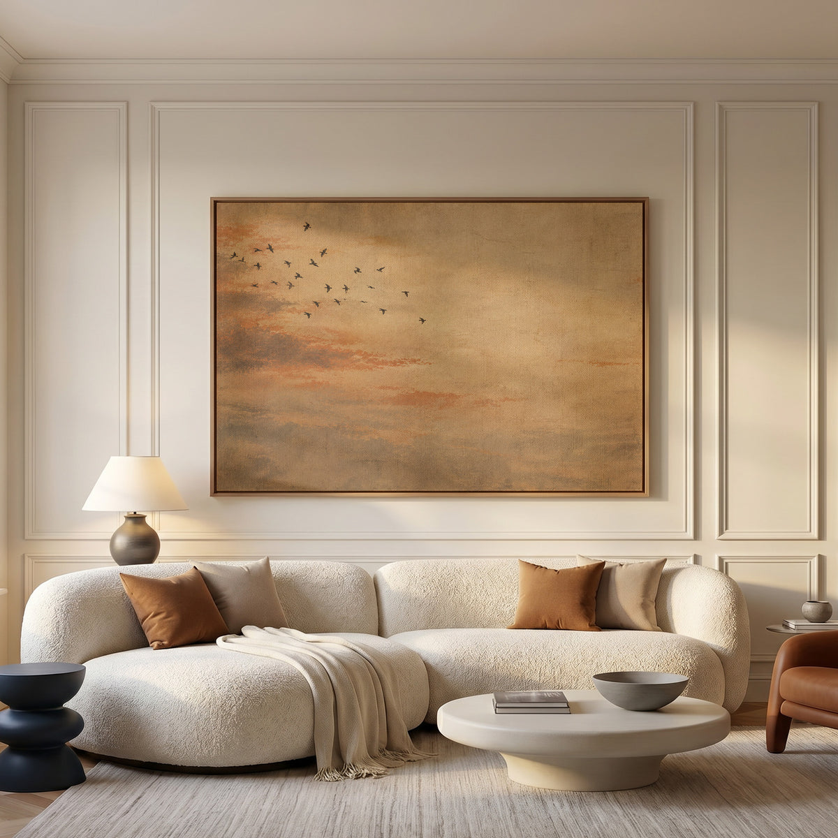 Small flock of dark birds flying across a warm ochre and rust coloured sky, canvas print
