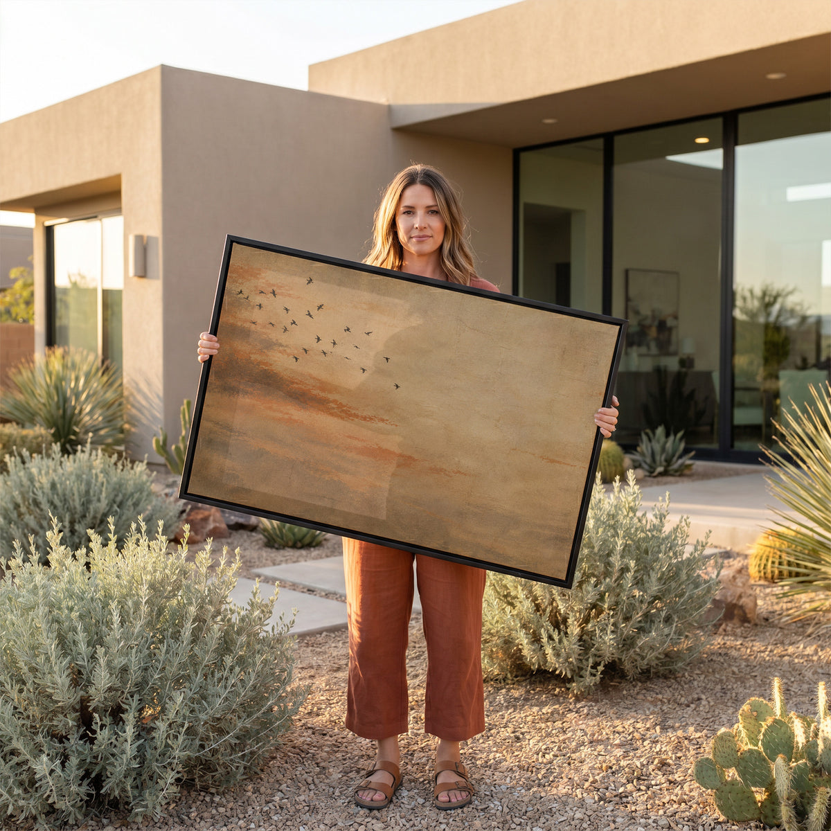 Ochre canvas wall art showing small flock of dark birds flying across a warm ochre and rust coloured sky