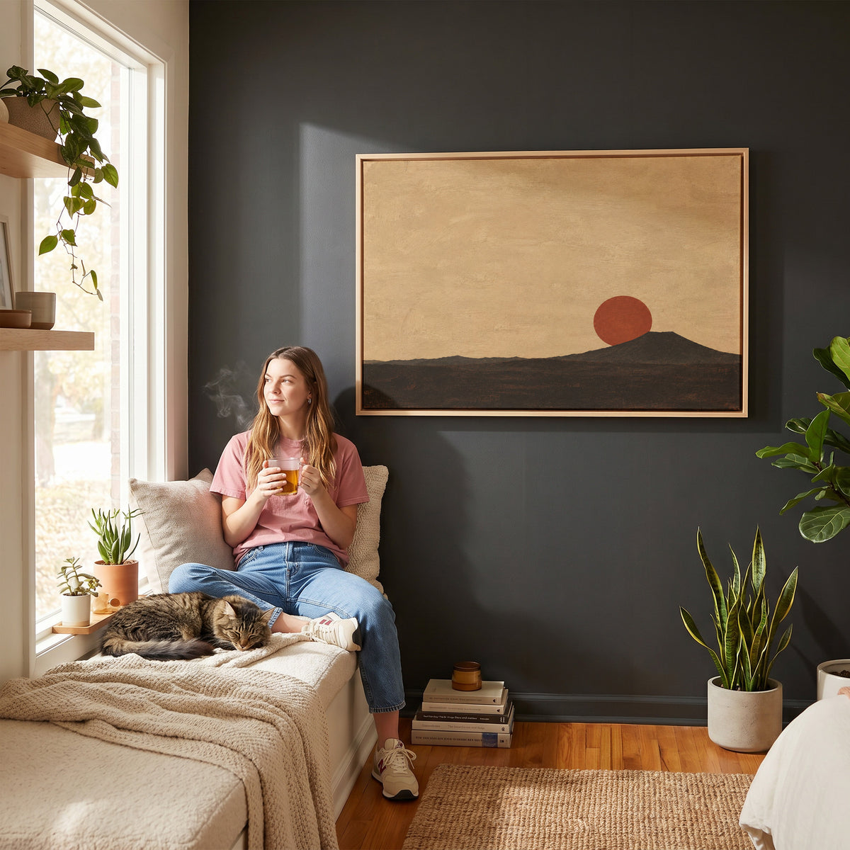 Minimalist sun canvas wall art showing rust red sun disc resting on the shoulder of a dark volcanic cone at dusk