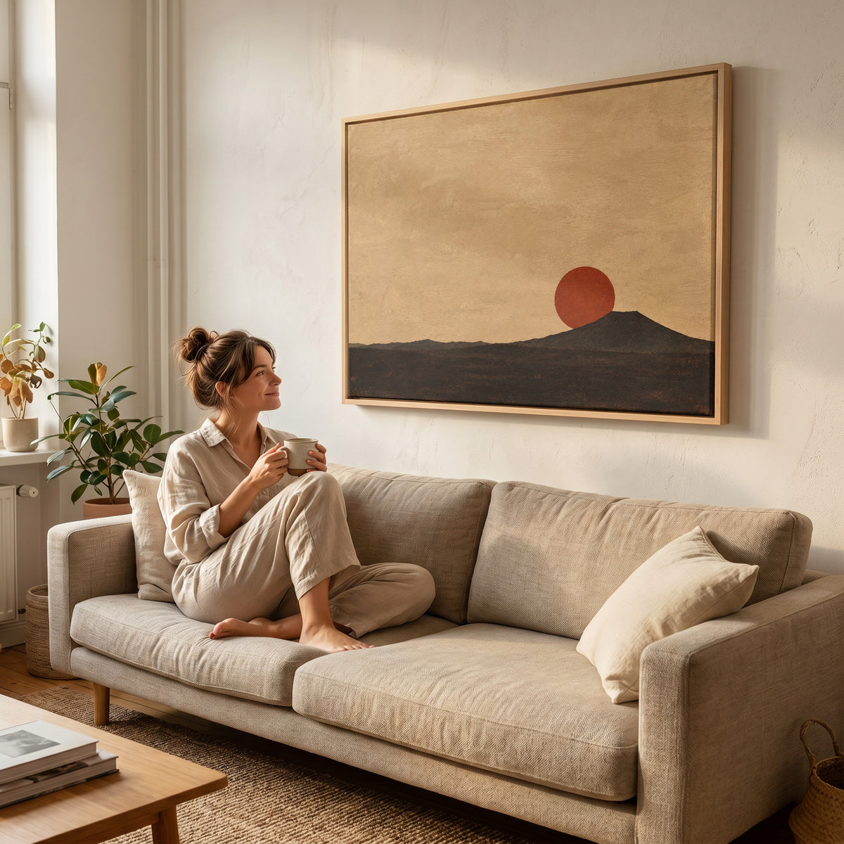 Volcano canvas wall art showing rust red sun disc resting on the shoulder of a dark volcanic cone at dusk