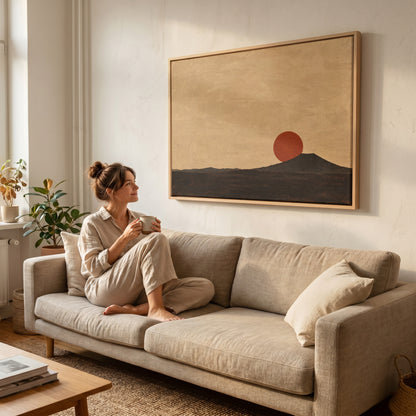 Volcano canvas wall art showing rust red sun disc resting on the shoulder of a dark volcanic cone at dusk
