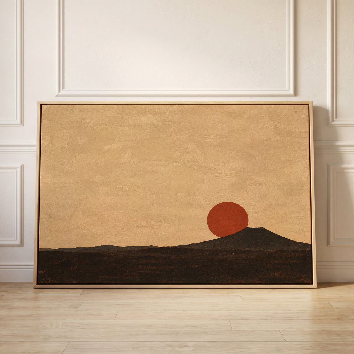 Rust red sun disc resting on the shoulder of a dark volcanic cone at dusk, canvas wall art