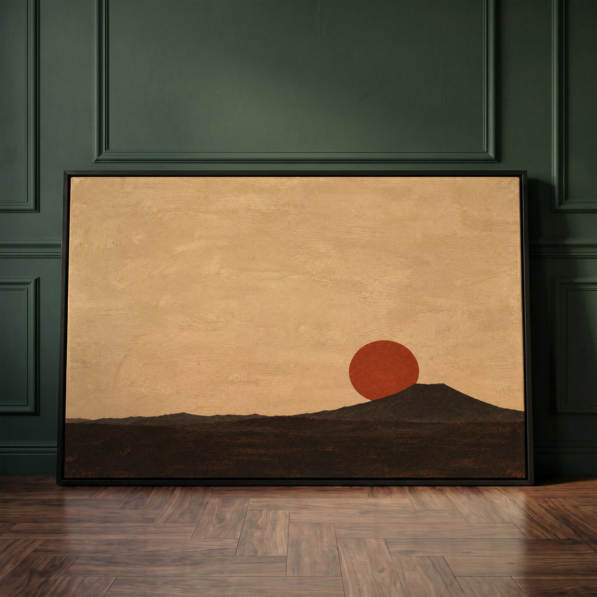 Rust red sun disc resting on the shoulder of a dark volcanic cone at dusk, canvas art print