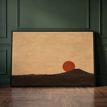 Rust red sun disc resting on the shoulder of a dark volcanic cone at dusk, canvas art print
