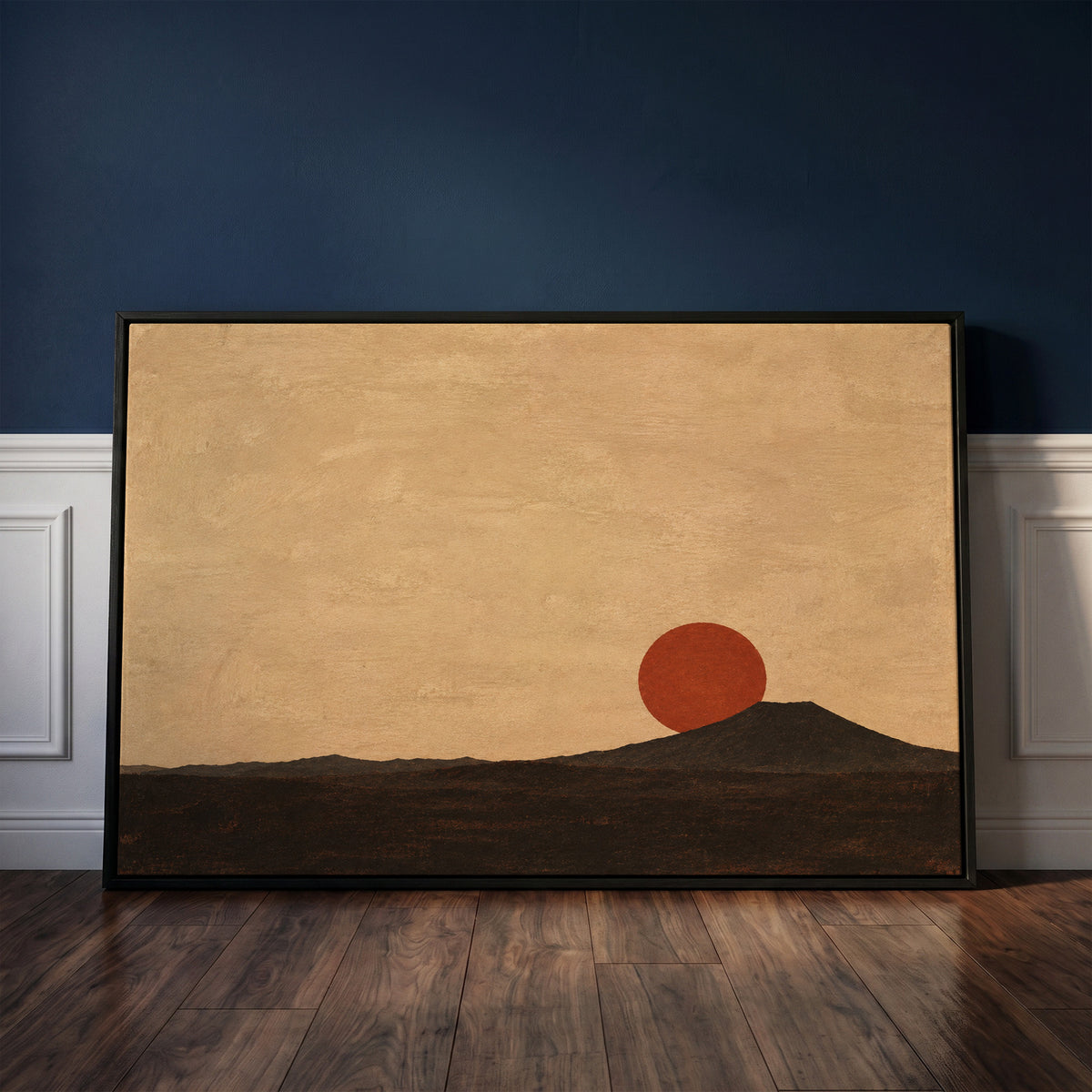 Rust red sun disc resting on the shoulder of a dark volcanic cone at dusk, canvas print