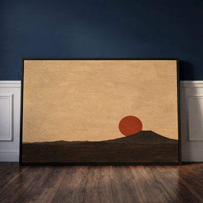 Rust red sun disc resting on the shoulder of a dark volcanic cone at dusk, canvas print