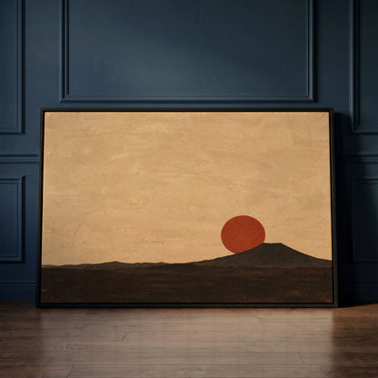Japandi canvas wall art showing rust red sun disc resting on the shoulder of a dark volcanic cone at dusk