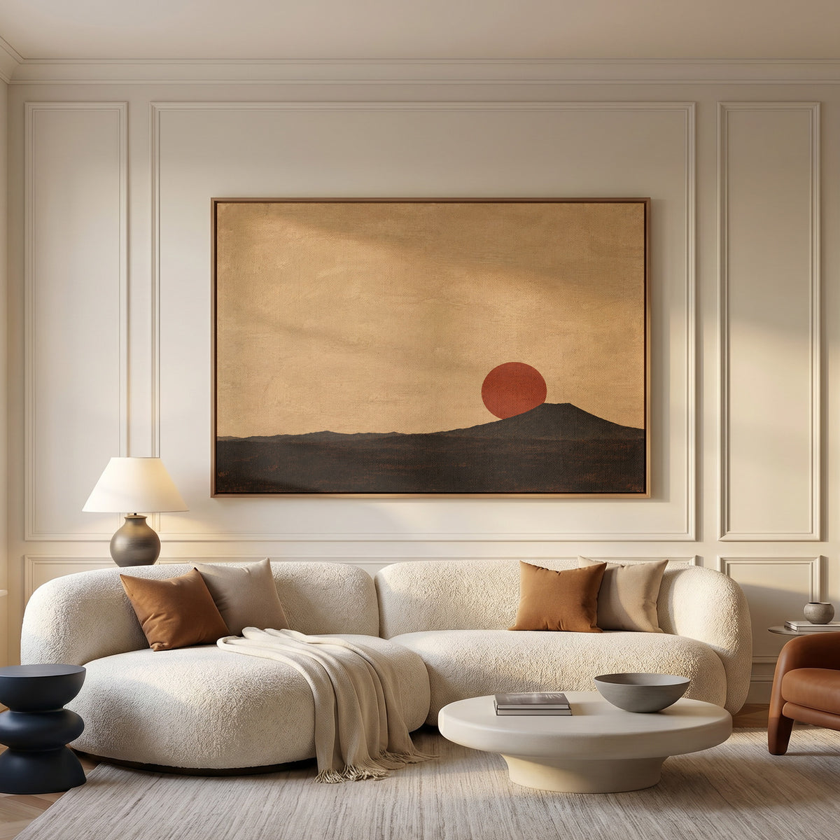 Rust red sun disc resting on the shoulder of a dark volcanic cone at dusk, red sun horizontal canvas print