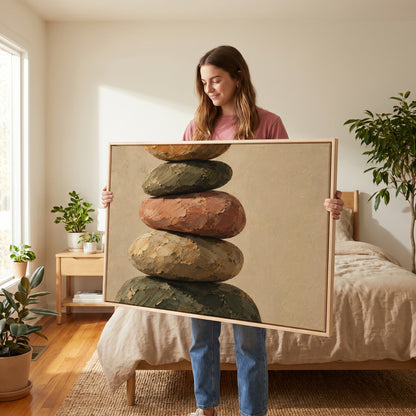 Five balanced stones stacked in a cairn against a plain warm cream ground, canvas art print