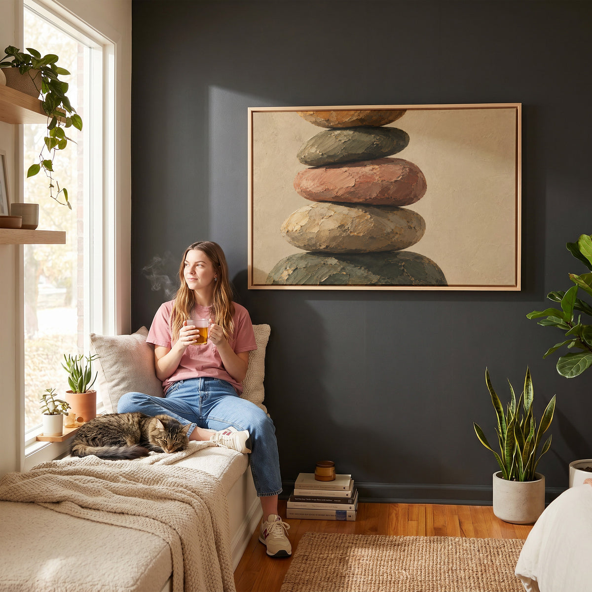 Neutral canvas wall art showing five balanced stones stacked in a cairn against a plain warm cream ground