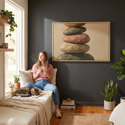 Neutral canvas wall art showing five balanced stones stacked in a cairn against a plain warm cream ground