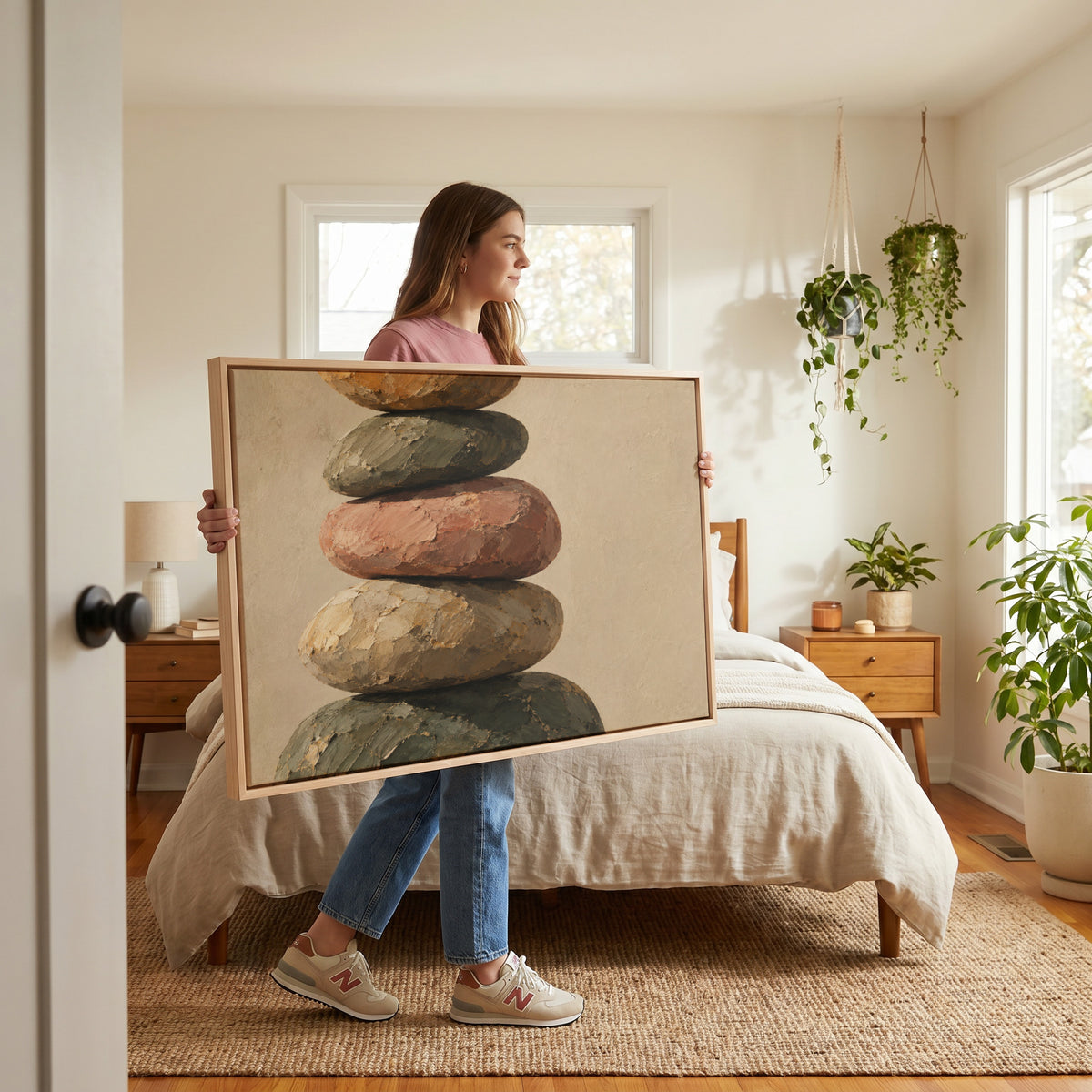 Pebble canvas wall art showing five balanced stones stacked in a cairn against a plain warm cream ground