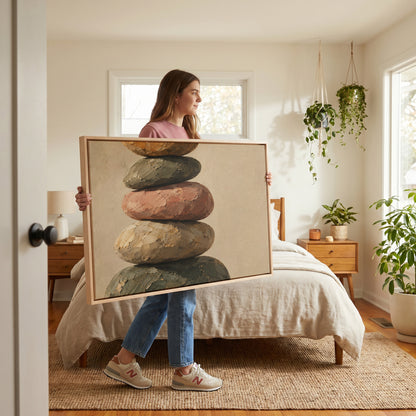 Pebble canvas wall art showing five balanced stones stacked in a cairn against a plain warm cream ground