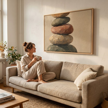 Stacked stone canvas wall art showing five balanced stones stacked in a cairn against a plain warm cream ground