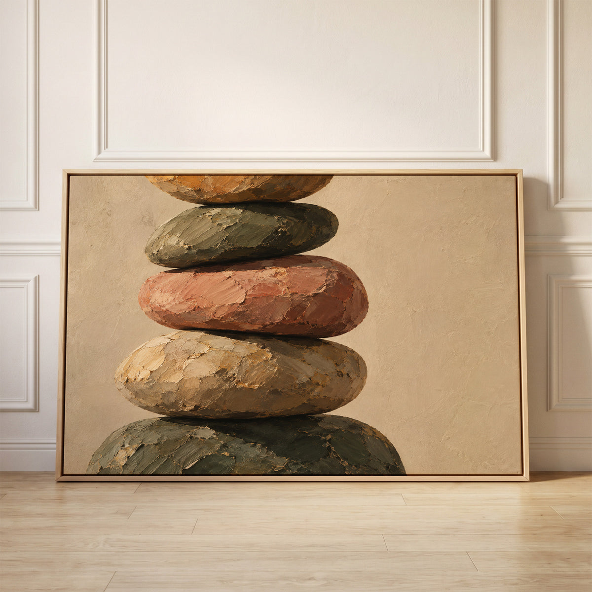 Five balanced stones stacked in a cairn against a plain warm cream ground, canvas wall art