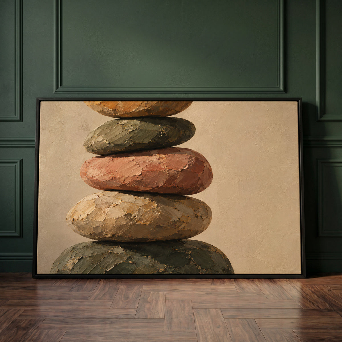 Spa canvas wall art showing five balanced stones stacked in a cairn against a plain warm cream ground