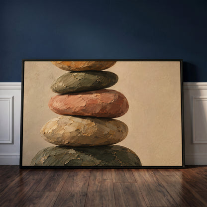 Five balanced stones stacked in a cairn against a plain warm cream ground, balanced stones horizontal canvas print