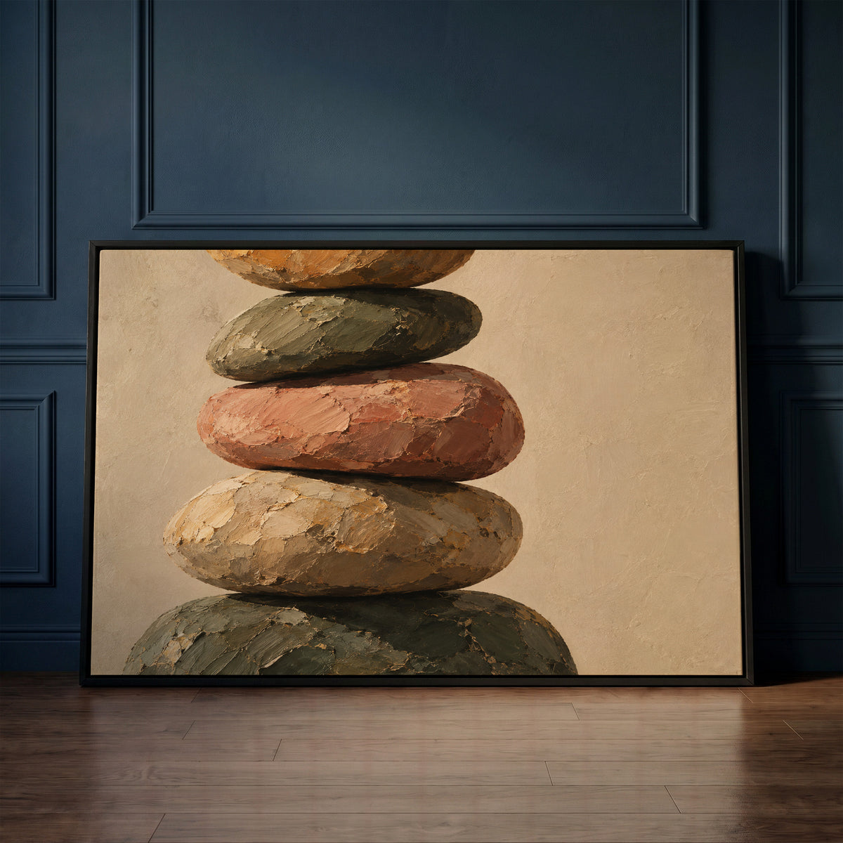 Meditation canvas wall art showing five balanced stones stacked in a cairn against a plain warm cream ground