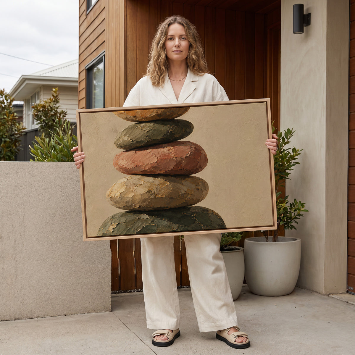 Five balanced stones stacked in a cairn against a plain warm cream ground, wall art print