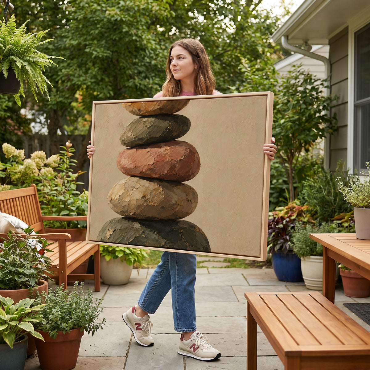 Wabi sabi canvas wall art showing five balanced stones stacked in a cairn against a plain warm cream ground