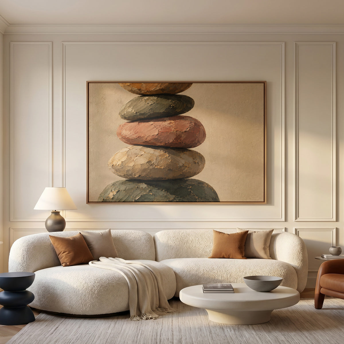 Cairn canvas wall art showing five balanced stones stacked in a cairn against a plain warm cream ground