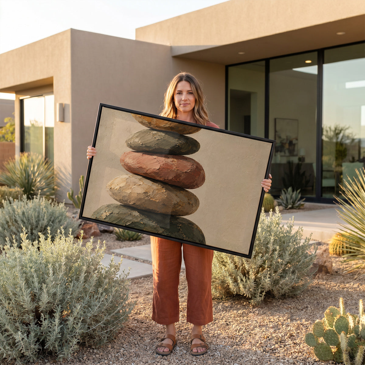 Japandi canvas wall art showing five balanced stones stacked in a cairn against a plain warm cream ground