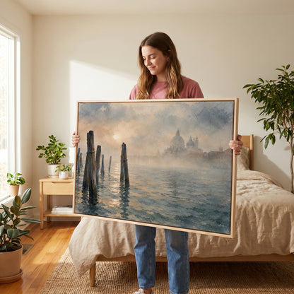 Wooden mooring poles in the Venice lagoon with a domed basilica fading into fog, canvas print