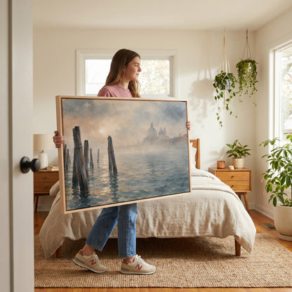 Misty city canvas wall art showing wooden mooring poles in the Venice lagoon with a domed basilica fading into fog