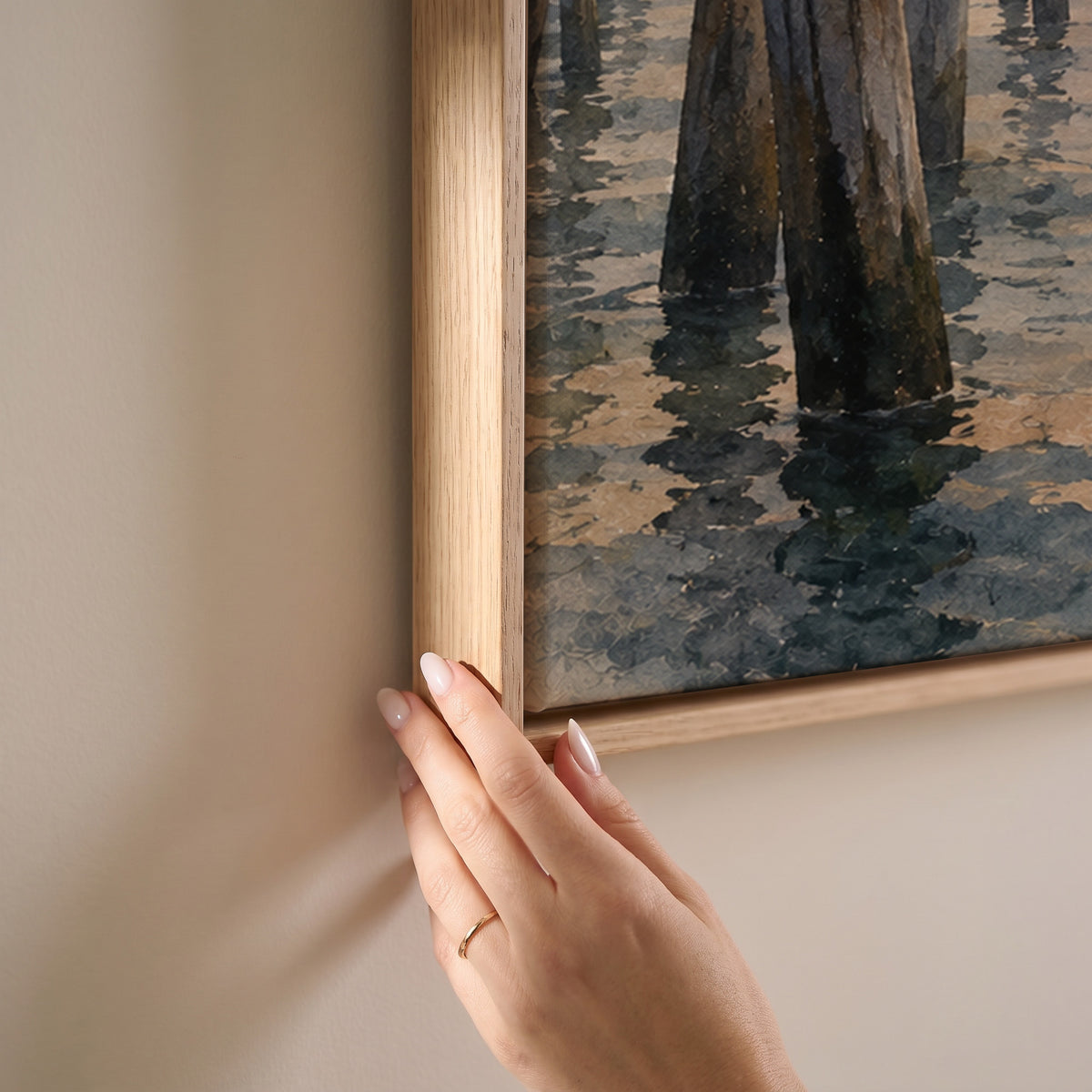 Wooden mooring poles in the Venice lagoon with a domed basilica fading into fog, horizontal canvas print