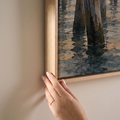 Wooden mooring poles in the Venice lagoon with a domed basilica fading into fog, horizontal canvas print