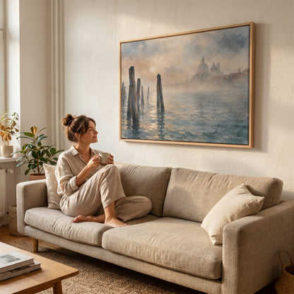 Venice canvas wall art showing wooden mooring poles in the Venice lagoon with a domed basilica fading into fog