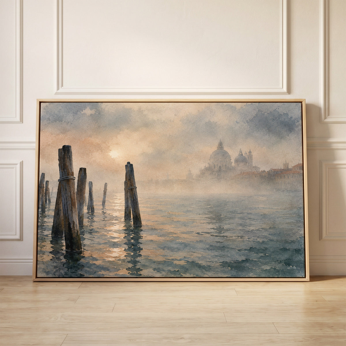 Wooden mooring poles in the Venice lagoon with a domed basilica fading into fog, canvas wall art