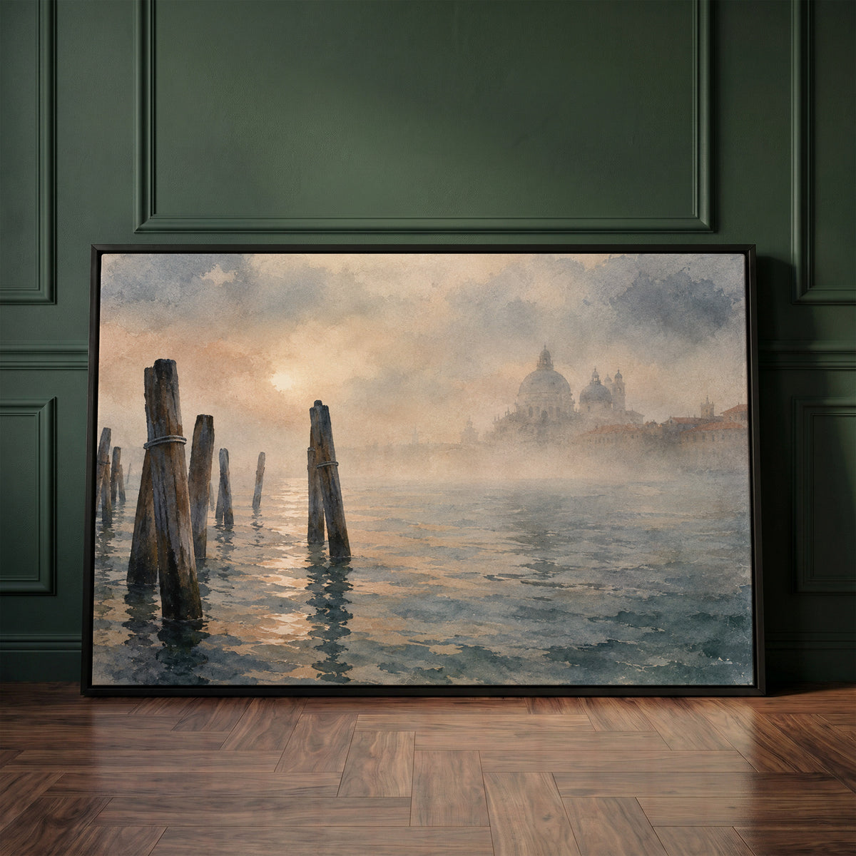 Foggy landscape canvas wall art showing wooden mooring poles in the Venice lagoon with a domed basilica fading into fog