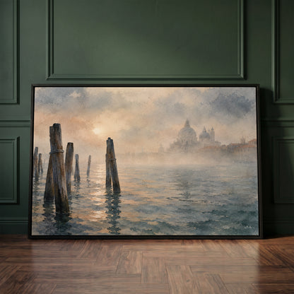 Foggy landscape canvas wall art showing wooden mooring poles in the Venice lagoon with a domed basilica fading into fog