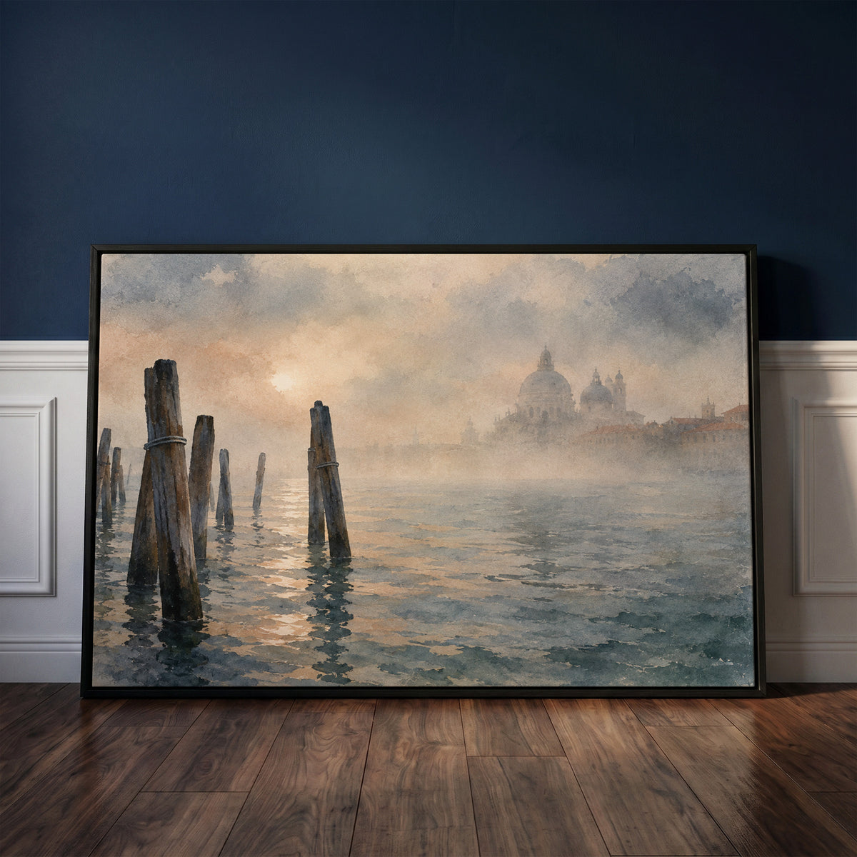 Venice canvas canvas wall art showing wooden mooring poles in the Venice lagoon with a domed basilica fading into fog