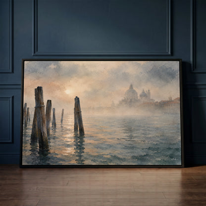 Wooden mooring poles in the Venice lagoon with a domed basilica fading into fog, wall art print
