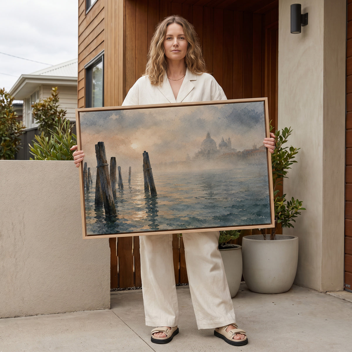 Lagoon canvas wall art showing wooden mooring poles in the Venice lagoon with a domed basilica fading into fog