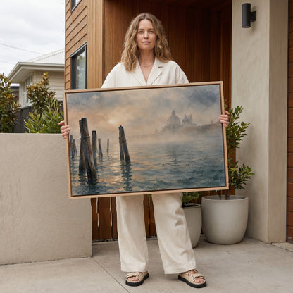 Lagoon canvas wall art showing wooden mooring poles in the Venice lagoon with a domed basilica fading into fog