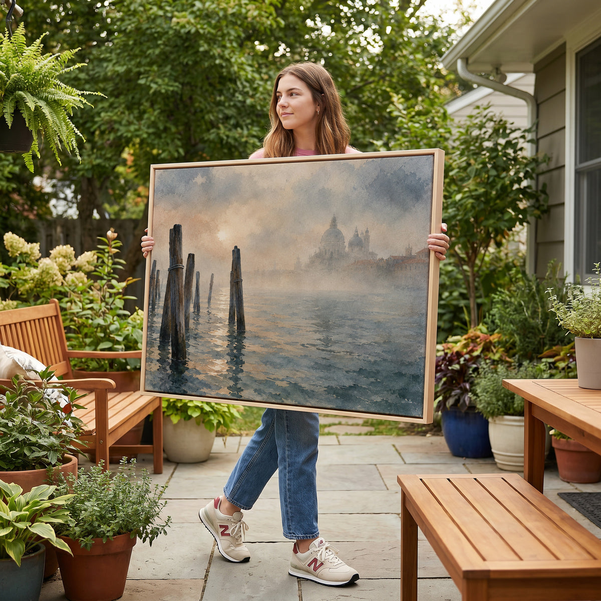 Watercolour canvas wall art showing wooden mooring poles in the Venice lagoon with a domed basilica fading into fog