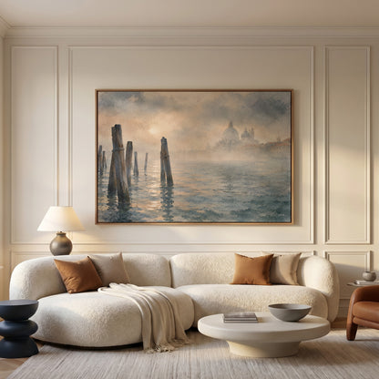 Italy canvas wall art showing wooden mooring poles in the Venice lagoon with a domed basilica fading into fog