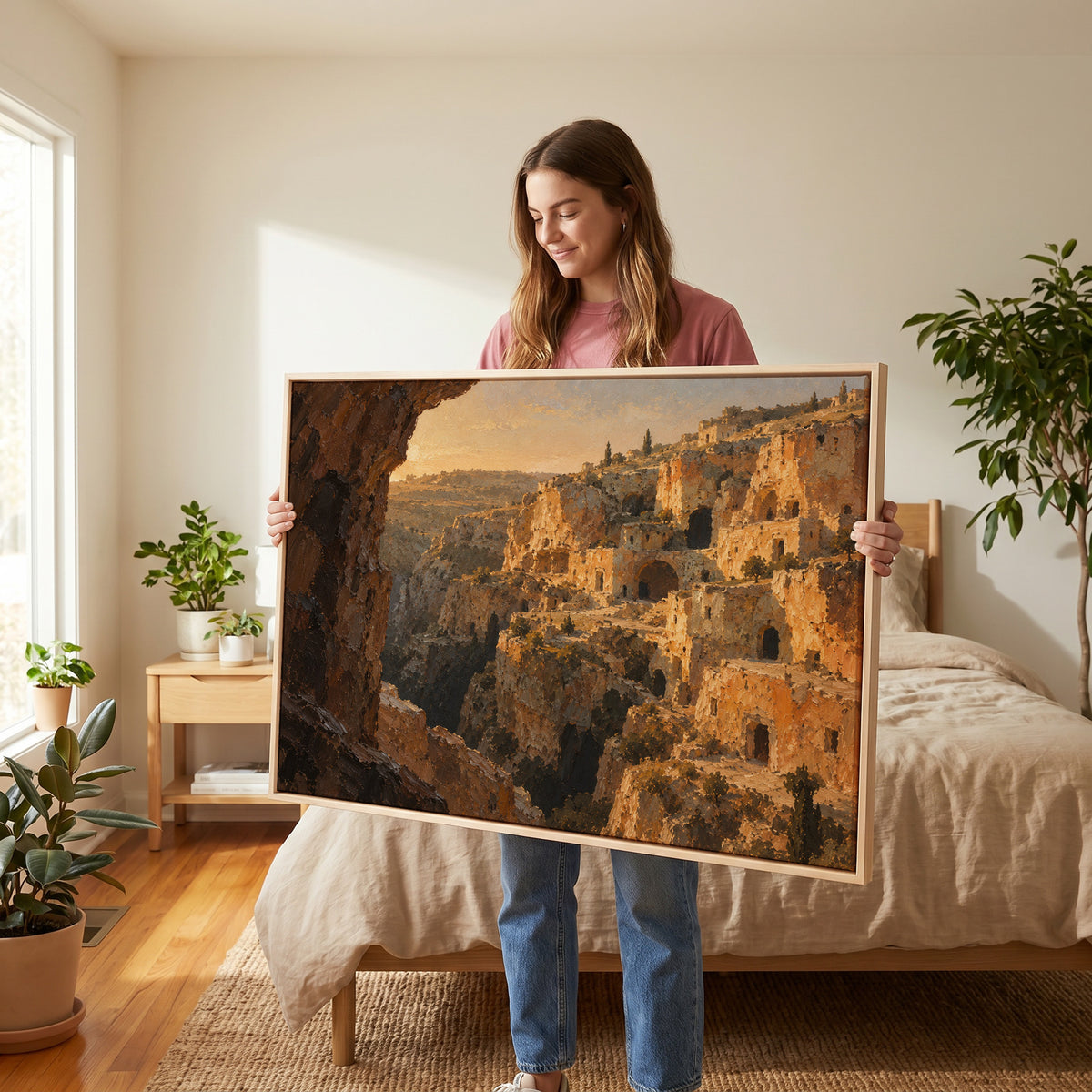 Golden hour canvas wall art showing honey limestone cave dwellings stacked up a steep ravine in warm evening light