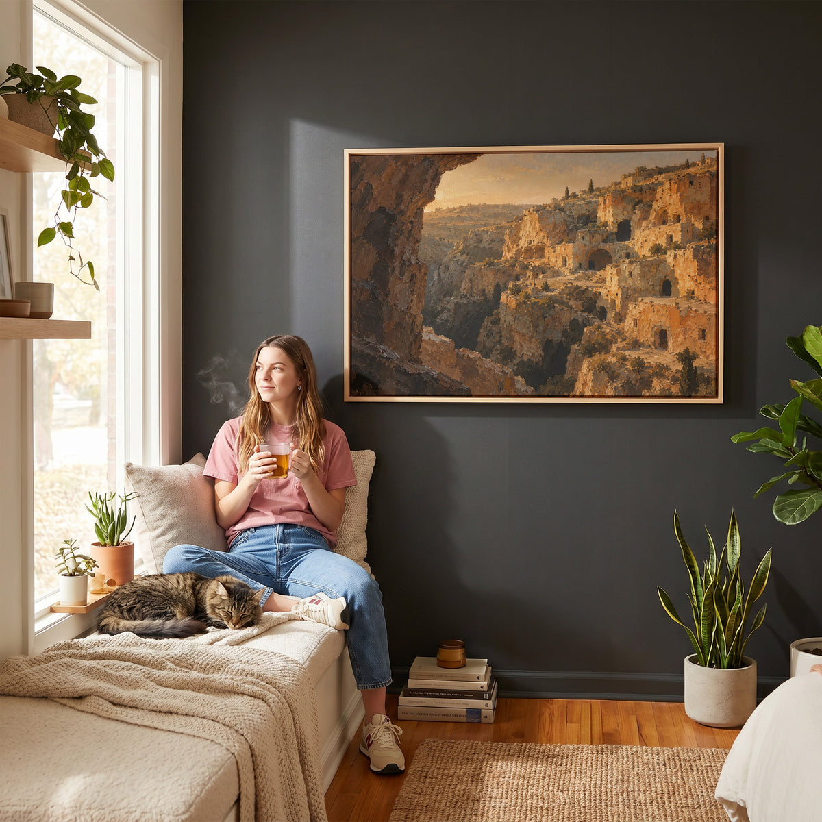 Warm neutral canvas wall art showing honey limestone cave dwellings stacked up a steep ravine in warm evening light