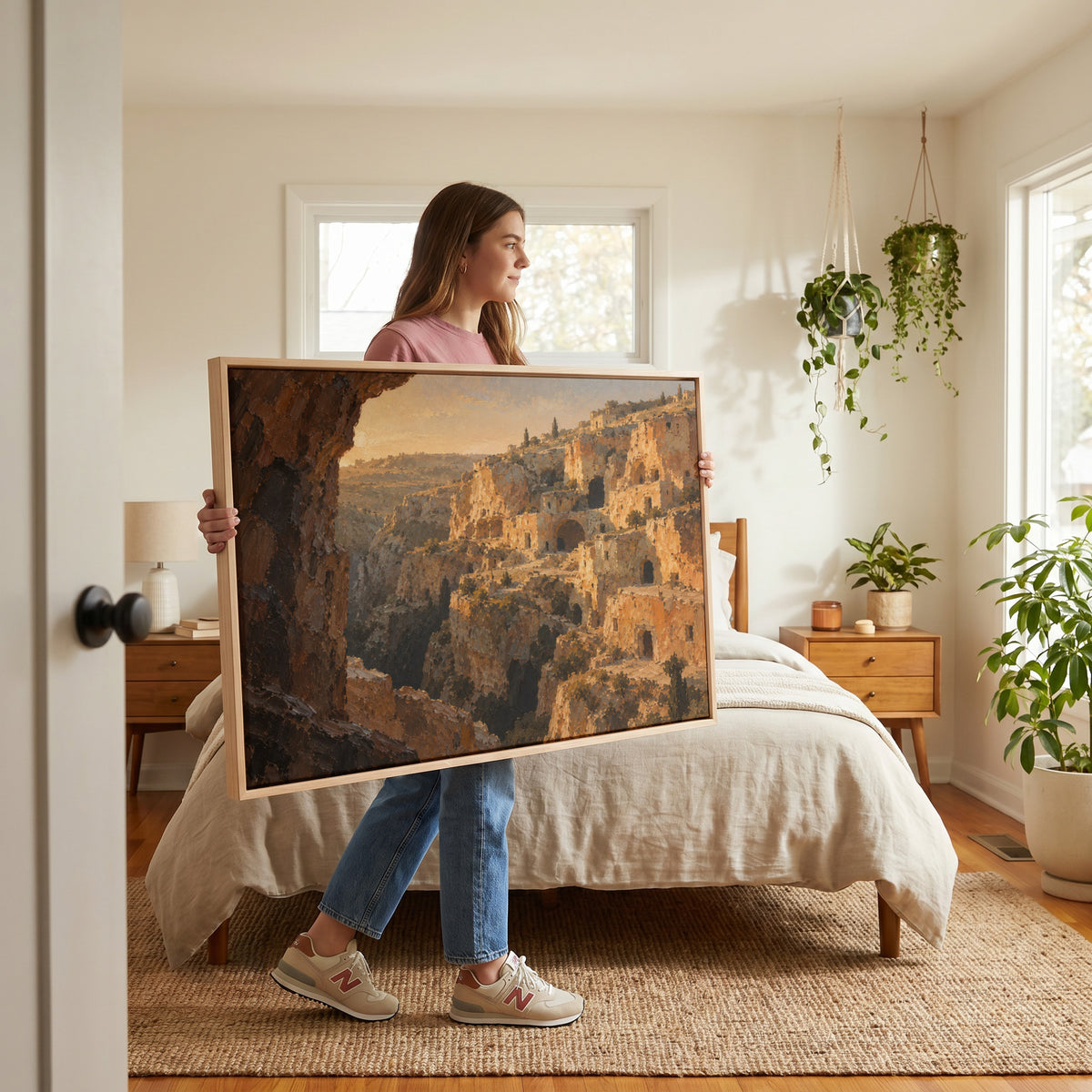 Cliff village canvas wall art showing honey limestone cave dwellings stacked up a steep ravine in warm evening light